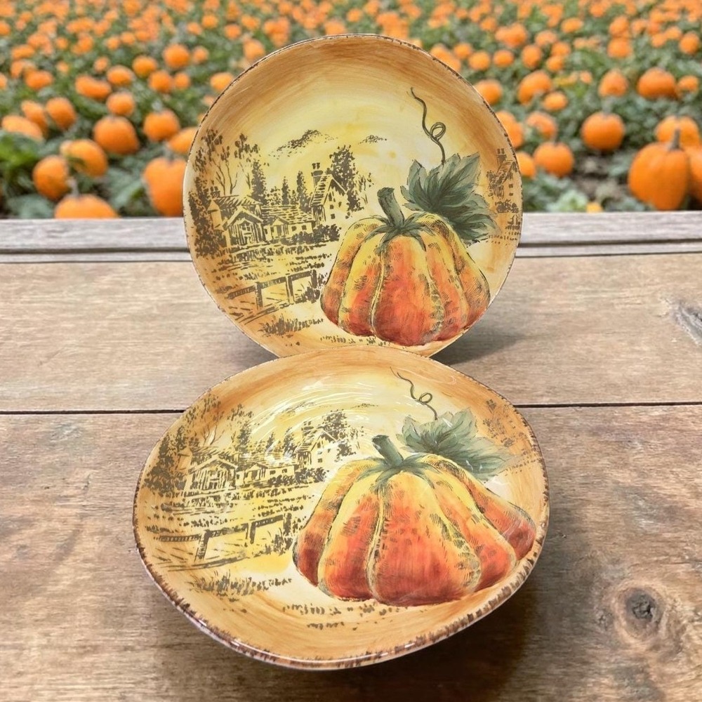 Maxcera Pumpkin Fest Decorative Salad Plates, Set of 2, Vintage Autumn Decor